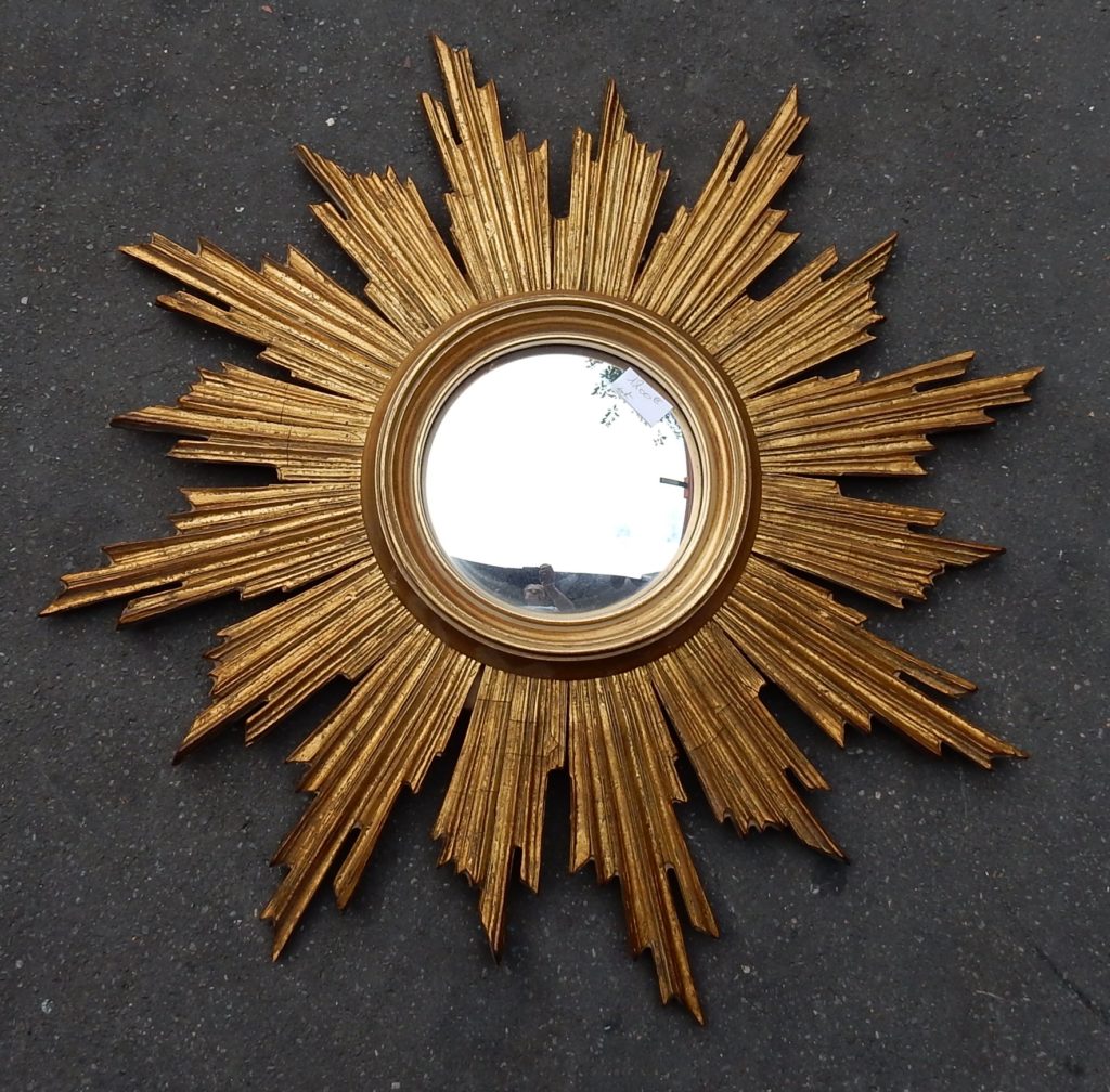 1950′ Miroir Soleil Convexe, Bois Doré 70 cm abcpascal antiquites