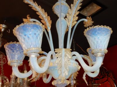 1950'  Chandelier Murano Blue Opalescent Colour With Gold  5 lights