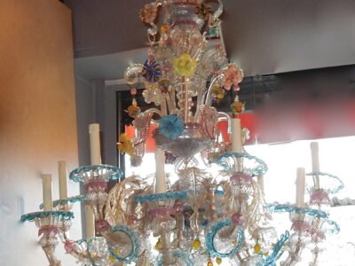 1970/80' Chandeliers Pair Murano Crystal  With 12 Lights Arms