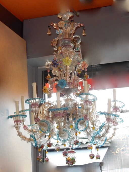 1970/80' Chandeliers Pair Murano Crystal  With 12 Lights Arms