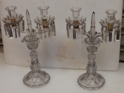 1880' Pair of Chandeliers Crystal Baccarat Tinted Bases Round Bumps