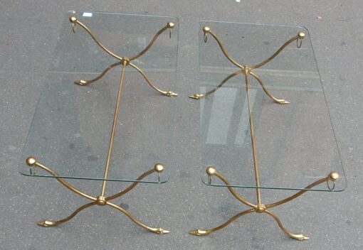 1970' Pair of Brass Tables With Swan Heads With Glass Trays