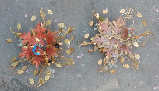1970' Pair Of  Ceiling Light or Wall Lamp with Flowers and Leaves in the Style of Maison Bagués With Orange Color Leaves - Image 4
