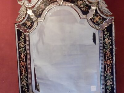 1880/1900' Miroir Napoléon III Venise Rectangulaire, Cadre en Verre Bleu Orné de Fleurs Émaillées DLG LXIV