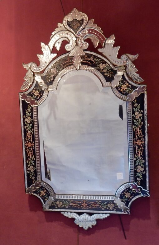 1880/1900' Miroir Napoléon III Venise Rectangulaire, Cadre en Verre Bleu Orné de Fleurs Émaillées DLG LXIV