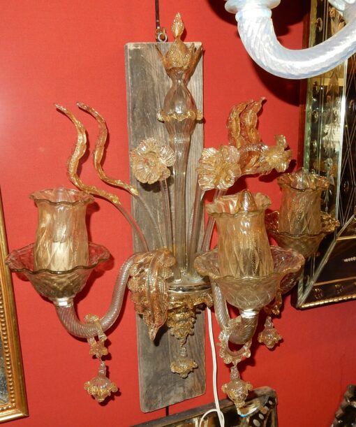 1950/70 ' Pair of  Wall Lamps has 3 Arms of  Light, Crystal of Murano With  Straws of Gold 58 H X 50 cm - Image 7