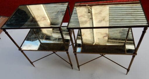 1950/70' Paire de Bouts de Canapés Bronze, 2 Plateaux Miroirs Oxydés Style Maison Baguès Entretoise Avec Toupie – Image 2