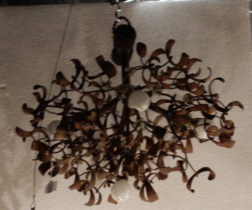 1900' Lustre Boule de Gui en Bronze Art Nouveau a 5 Lampes Diamètre 45cm