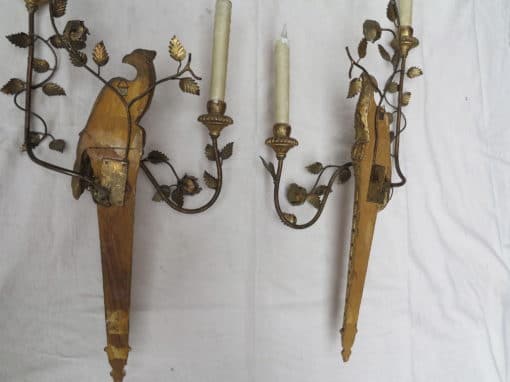 Pair of sconces to the golden wooden parakeets and golden iron - Image 5