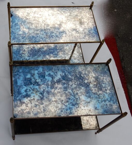 1950/70' Paire De Bouts De Canapé Maison Baguès Laiton et Bronze Plateaux Miroirs Flammes Olympiques 69X39 cm – Image 2