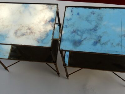 1950/70' Paire de Bouts de Canapés Bronze, 2 Plateaux Miroirs Oxydés Style Maison Baguès Entretoise Avec Toupie