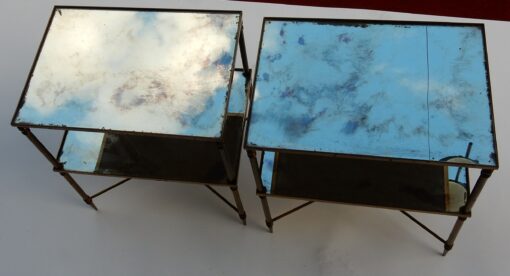 1950/70' Paire de Bouts de Canapés Bronze, 2 Plateaux Miroirs Oxydés Style Maison Baguès Entretoise Avec Toupie