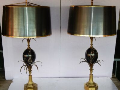 1950/70 Pair of Bronze Lamps and Egg Amber Way Signed  Charles