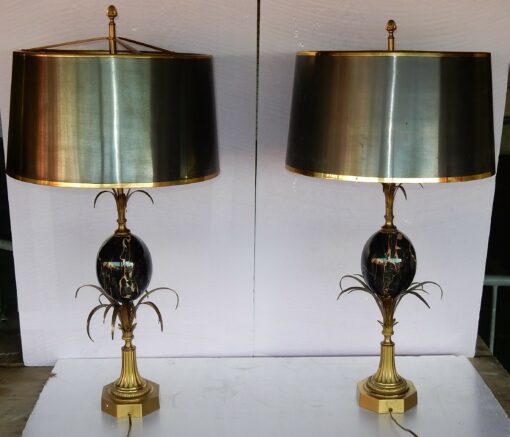 1950/70 Pair of Bronze Lamps and Egg Amber Way Signed  Charles