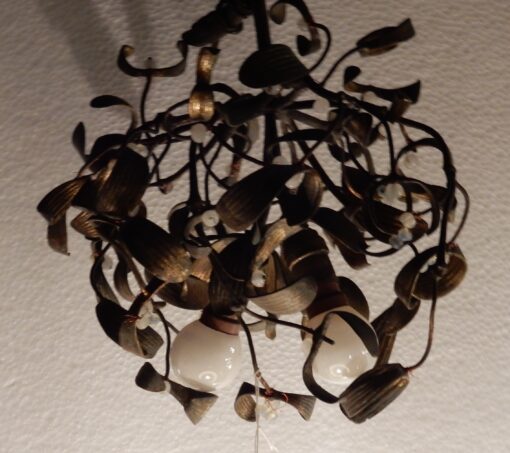 1900' Lustre Boule de Gui en Bronze Art Nouveau à 2 Lampes Diamètre 45 cm – Image 3