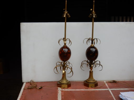 1950/70  Paire de Lampes en Bronze et Oeuf en Resine Fractable Signée Charles – Image 2