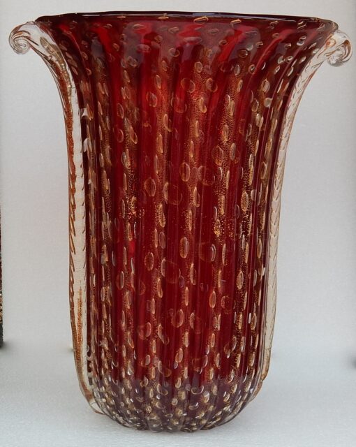1970' Vase Cristal Murano Rouge Rubis et Or Toso Signé – Image 2