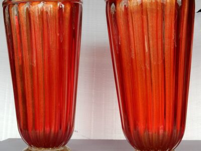 1970' Pair of Cristal Murano Urns Red And Gold sign Toso