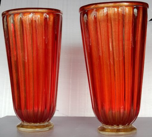 1970' Paire de Vases Cristal Murano Rouge et Or Toso Signés
