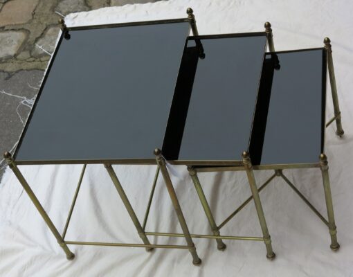 1950/70 Series of 3 Nesting gilted bronze tables  top black opaline entretoise in X - Image 3