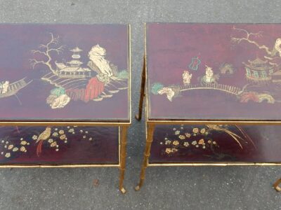1950 ' Pair of Tables Maison Bagués Bronze Style Bamboo Golden With Trays Lacquers of China