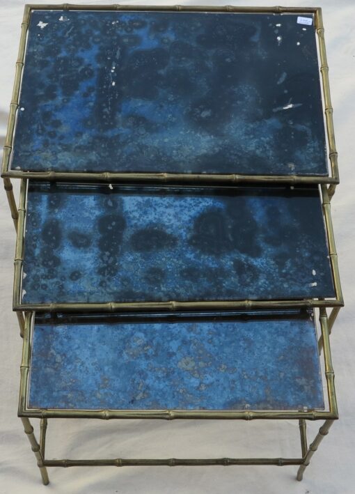 1950/70' Series of 3 gicognes tables Modél Bamboo Maison Bagues top silvered oxyded
