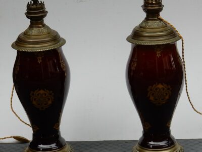 1880/1900 N3 lamps Pair of ceramic and bronze