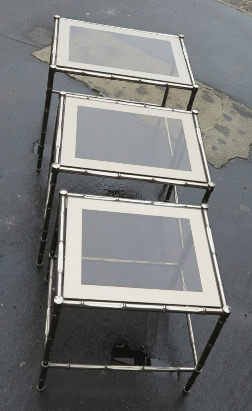 1950/70 Series of 3 Nesting tables chromed brass Model Bamboo Adnet Jacques top silvered frame - Image 6
