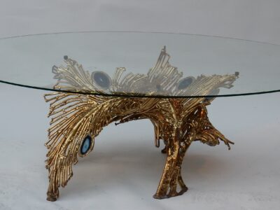 1970 'Illuminating Coffee Table Brass Gold Ferns With Blue Agates Style Duval Brasseur