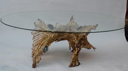 1970' Table Basse Eclairante Laiton Doré Fougéres Avec Agates Bleues Style Duval Brasseur
