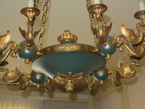 1900 ' Chandelier   in the style of empire bronze golden and green patina swan - Image 3