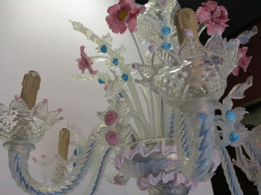 1950' Lustre Murano à 6 Lumières en Verre Bleu Opalescent et Pâte de Verre Rose – Image 6