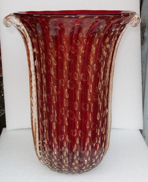 1970' Vase Cristal Murano Rouge Rubis et Or Toso Signé – Image 8