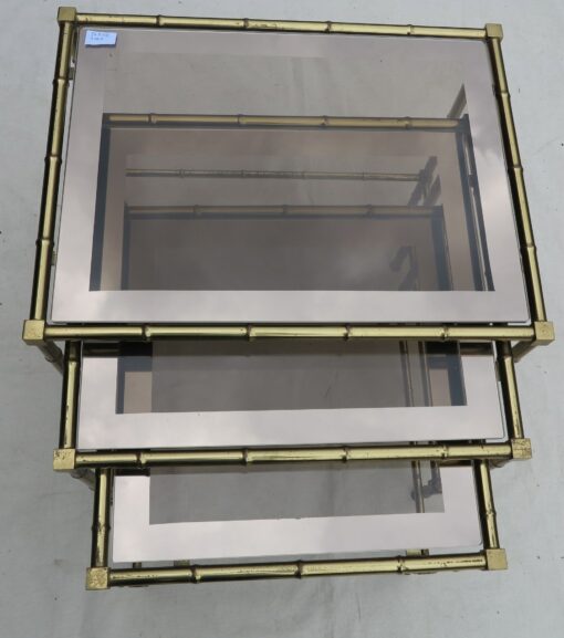 1950/70 Series of 3 gicognes tables Modél Bamboo Maison Bagues top silvered frame