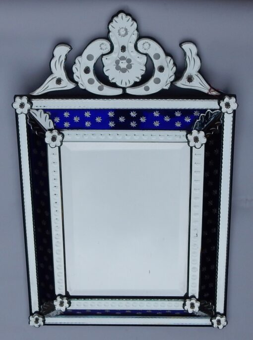 1940/50 ' Miroir N3 Venise Rectangulaire à Fronton Avec Cadre en Verre Bleu Orné D Etoiles Argentées  Centre Biseauté – Image 5