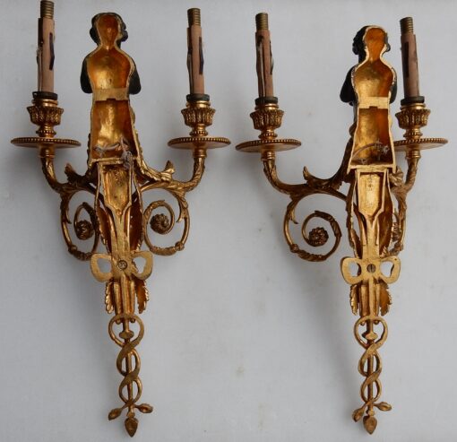 1900 'Pair Of Sconces With Two Arms Of Light Louis XVI Style Gilt Bronze After A Model Jean HAURE Decor Busts Children Musicians - Image 6