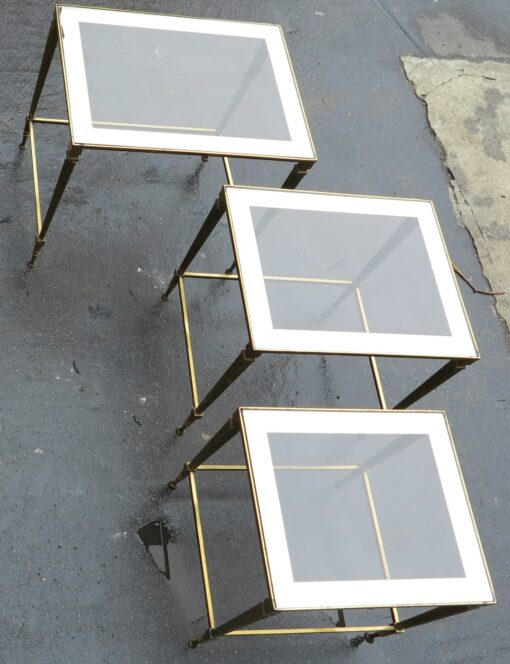 1950/70 Series of 3 Nesting gilted bronze tables top smoked glass silvered frame - Image 6