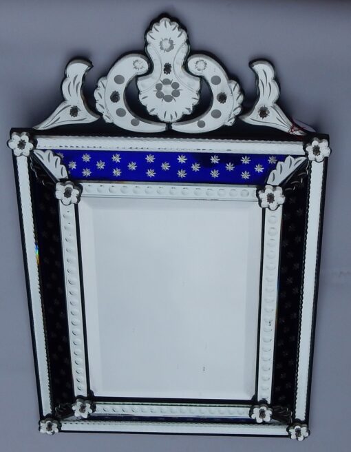 1940/50 ' Miroir N3 Venise Rectangulaire à Fronton Avec Cadre en Verre Bleu Orné D Etoiles Argentées  Centre Biseauté – Image 6