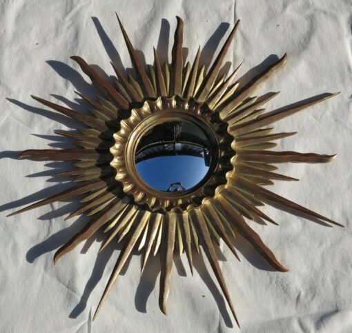 Miroir soleil convexe cadre bois doré feuilles d or 78 cm de diamétre – Image 2