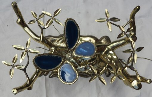 1970' Lighting Coffee table in the Bonsai on golden bronze sand dune Willy  Daro or Duval Brasseur with butterfly in bronze  and fly in blue agate