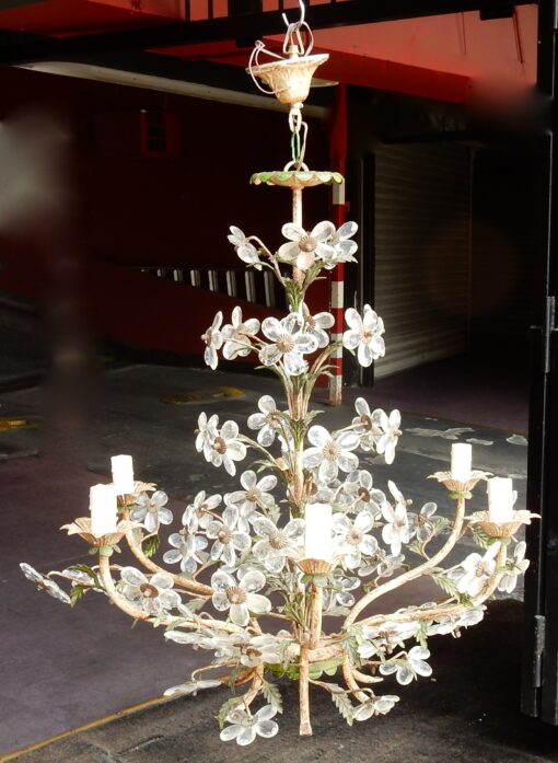 1970 "Chandelier  Painted Green and White patined Iron in the Style of Maison Bagués - Image 8