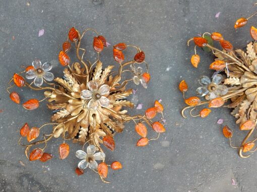 1970' Pair Of  Ceiling Light or Wall Lamp with Flowers and Leaves in the Style of Maison Bagués With Orange Color Leaves - Image 2