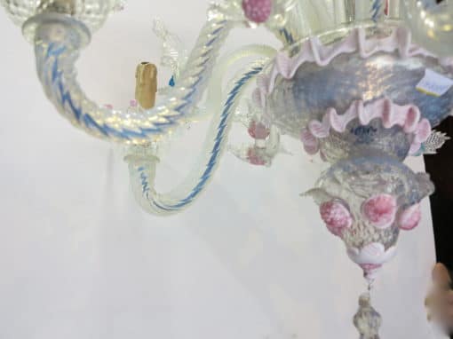 1950' Lustre Murano à 6 Lumières en Verre Bleu Opalescent et Pâte de Verre Rose – Image 5