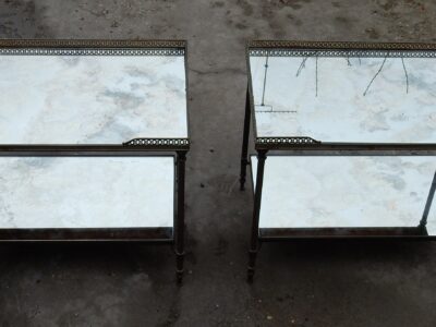 1950/70' Pair  Of End Of Sofa Maison Bagués  With Tops In Oxyded mirror With Openwork Galleries 60 X 38 cm