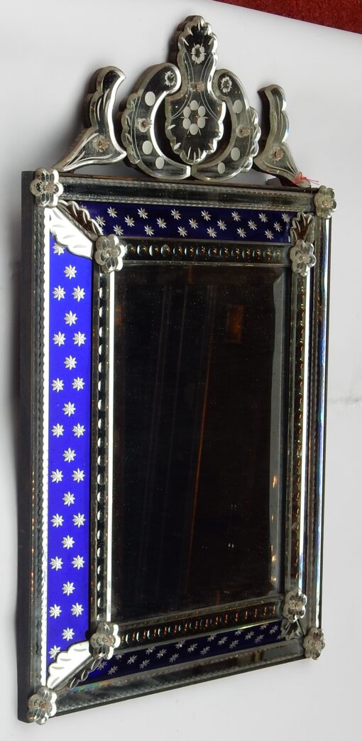 1940/50 ' Miroir N3 Venise Rectangulaire à Fronton Avec Cadre en Verre Bleu Orné D Etoiles Argentées  Centre Biseauté – Image 8