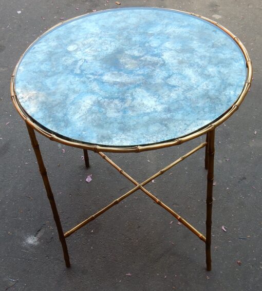 1950,70' Round Pedestal Table Model  Bamboo Maison Bagués Top Oxyded And Olded Mirror - Image 4
