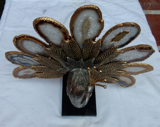 1970' Paon en bronze doré faisant la roue , orné de 8 agates – Image 5