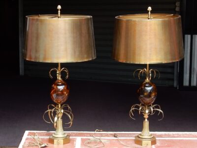 1950/70  Paire de Lampes en Bronze et Oeuf en Resine Fractable Signée Charles