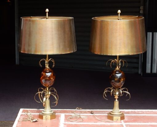 1950/70  Paire de Lampes en Bronze et Oeuf en Resine Fractable Signée Charles