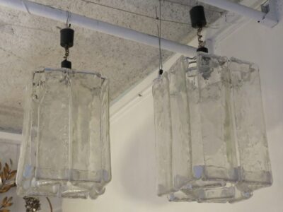 1970' Pair of Chandeliers or Lantern by Fratelli in the Shape of Cage Crystal of Murano
